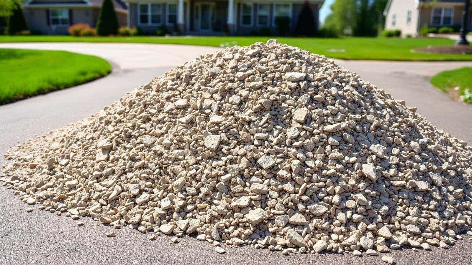 Pile of crushed limestone driveway gravel freshly delivered on a Northeast Ohio residential driveway