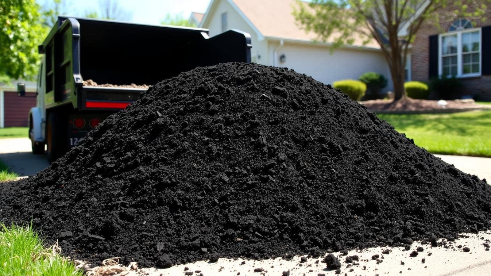 Fresh pile of dark screened topsoil delivered from a dump truck on a Northeast Ohio residential driveway