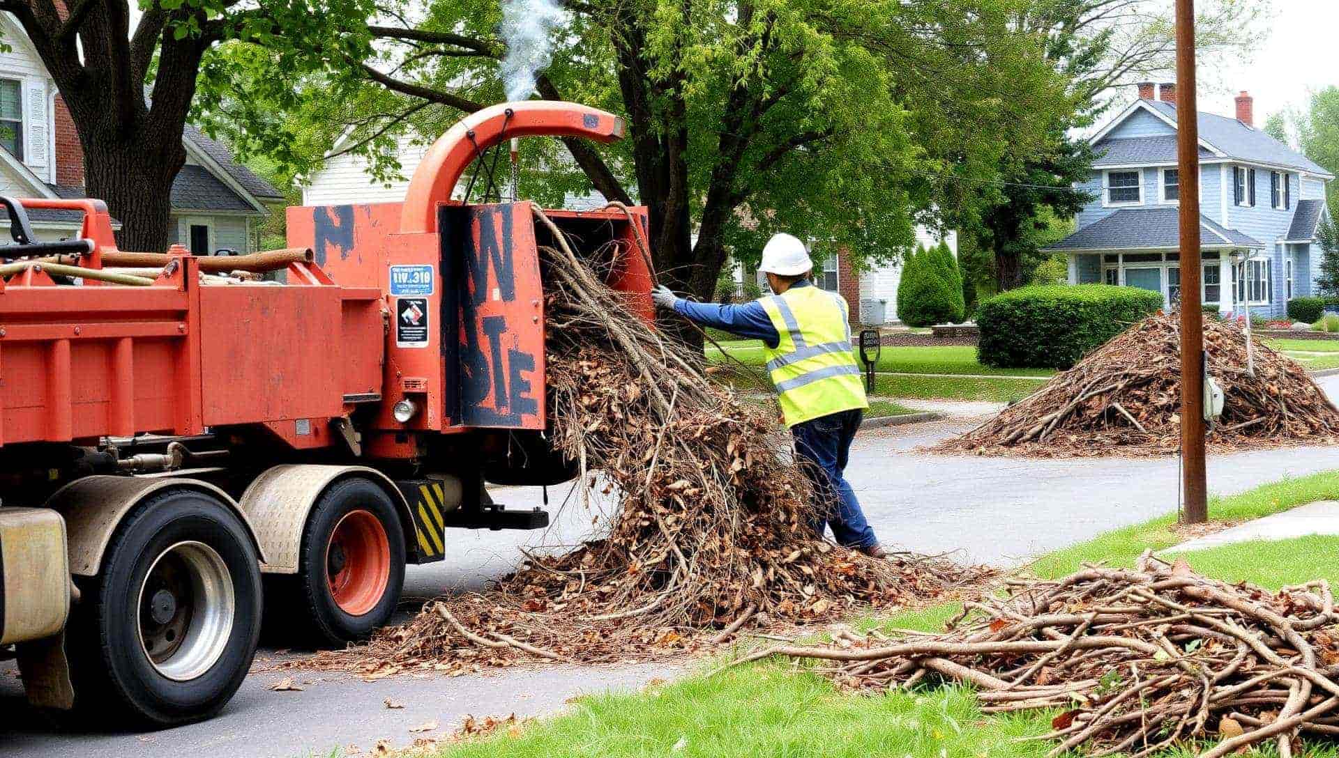 Worker feeding brush into a chipper truck on a North Canton residential street