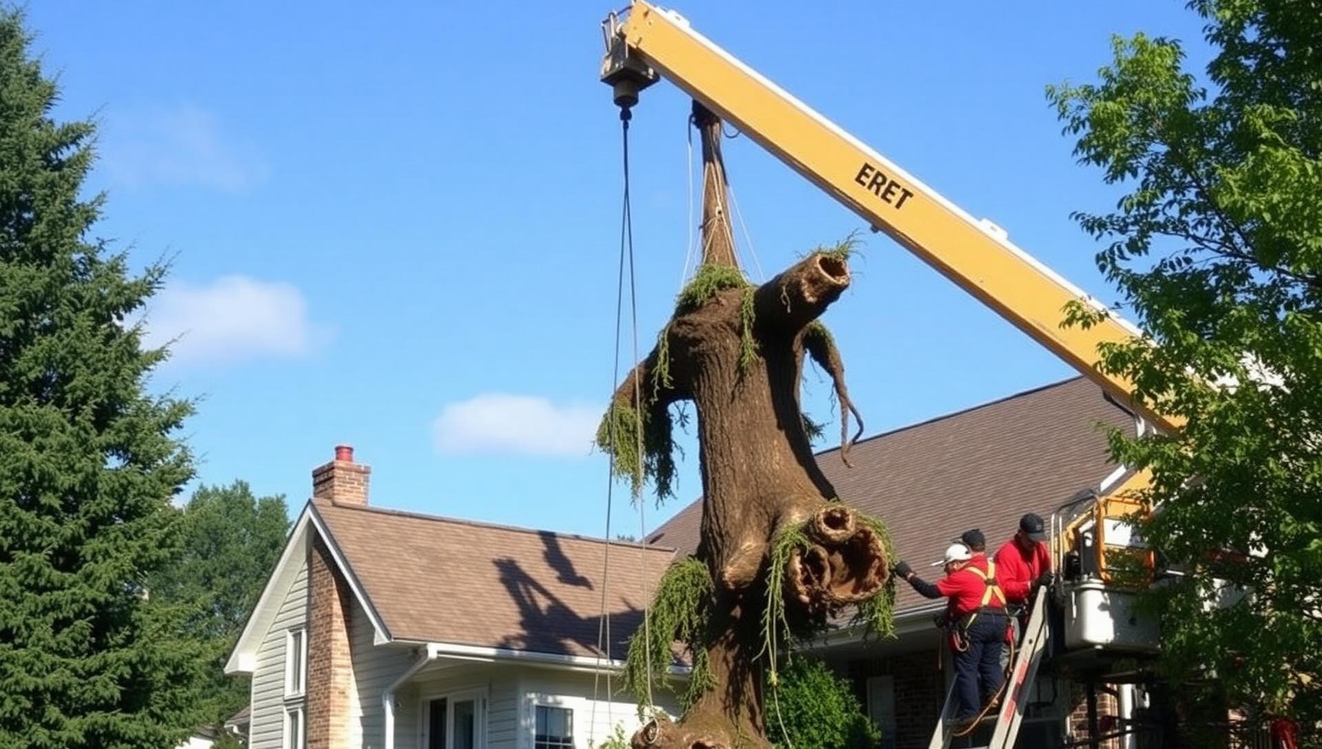 Crane lifting a large tree section over a North Canton home during a controlled removal