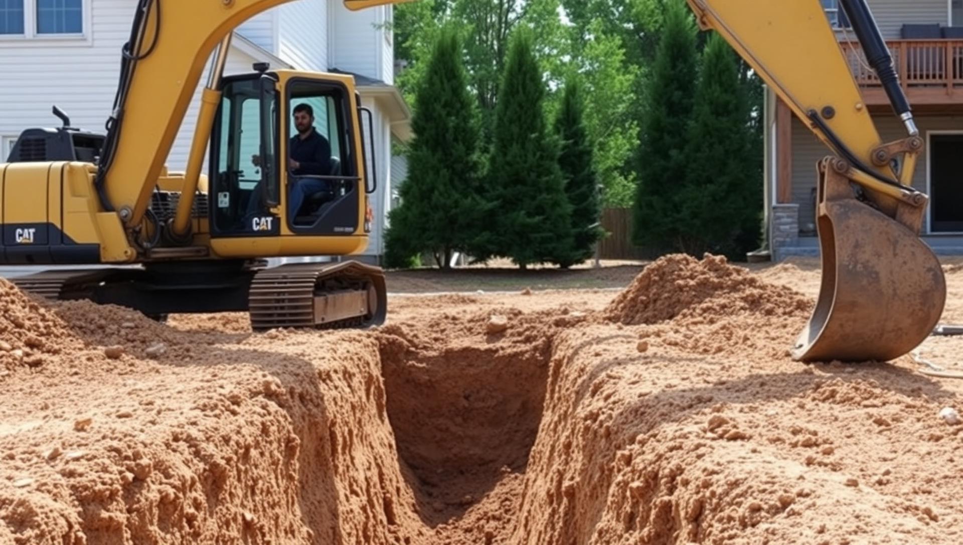 Excavator preparing ground for grading and leveling