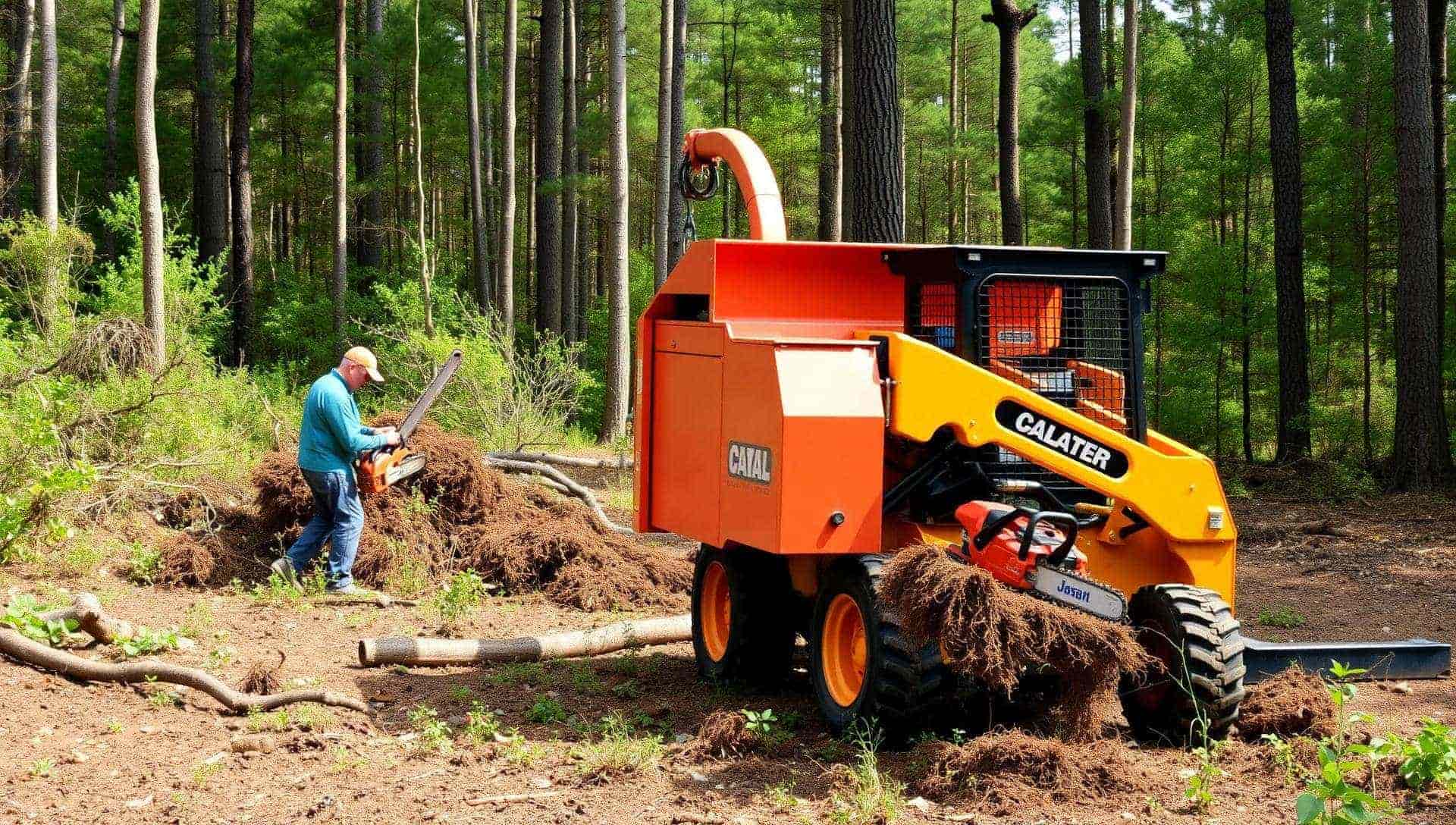 Crew clearing a heavy brush pile from a wooded lot