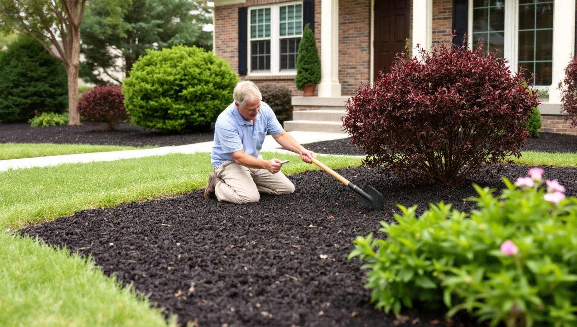 Kingdom Tree Company crew raking fresh mulch into a spade-edged bed at a North Canton home