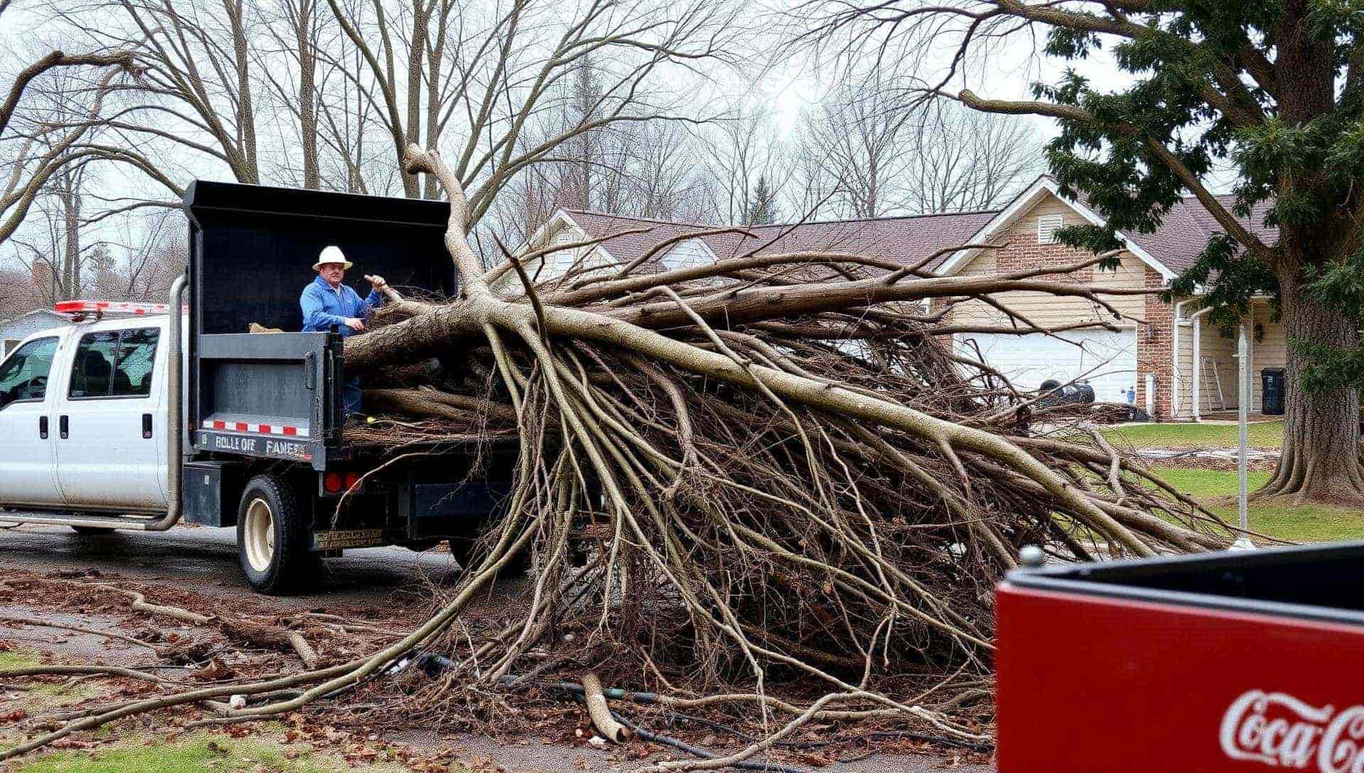 Fallen tree cleared from a storm-damaged property