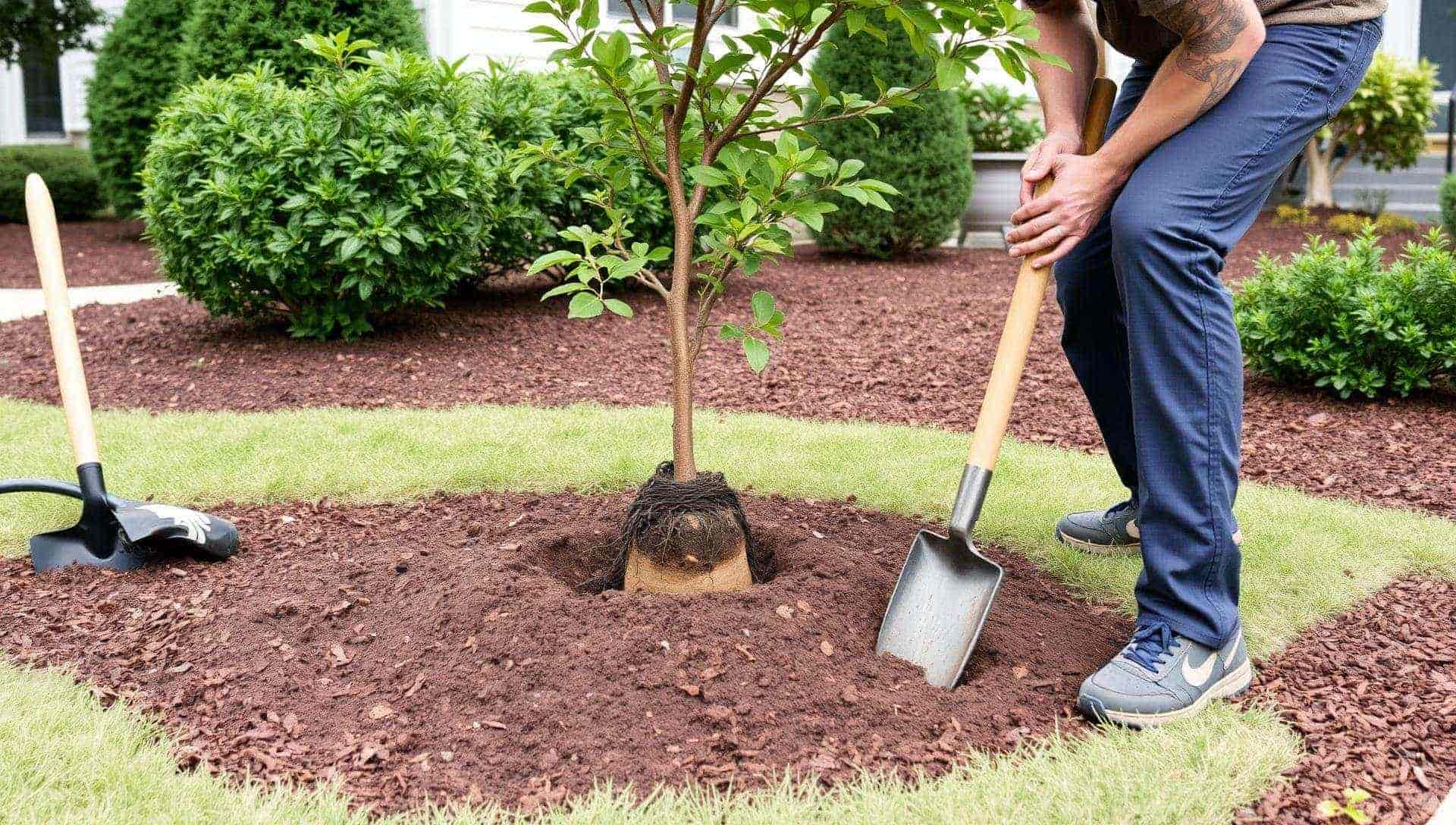 Worker planting a new shade tree in a freshly dug hole in a North Canton front yard