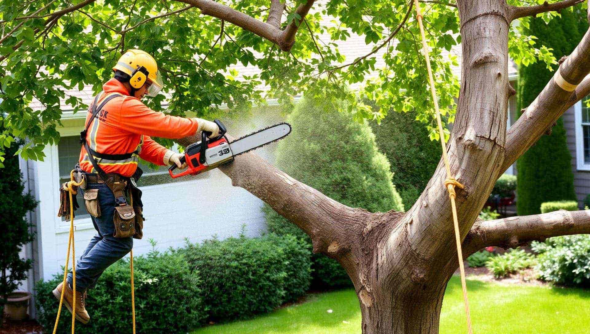 Kingdom Tree Company crew member cutting down a large tree in a North Canton yard