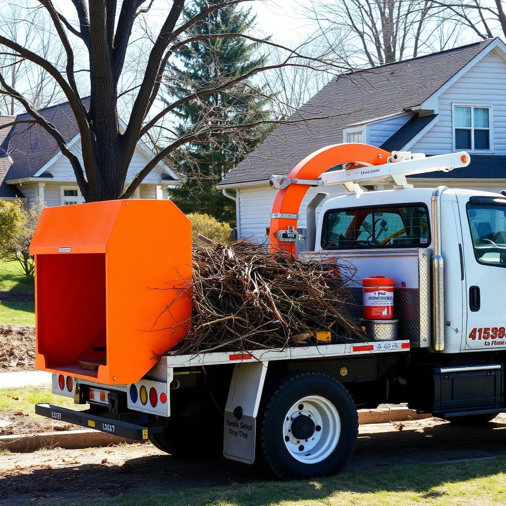 Chipper truck being loaded with brush at a residential property in Northeast Ohio, debris removal by Kingdom Tree Company
