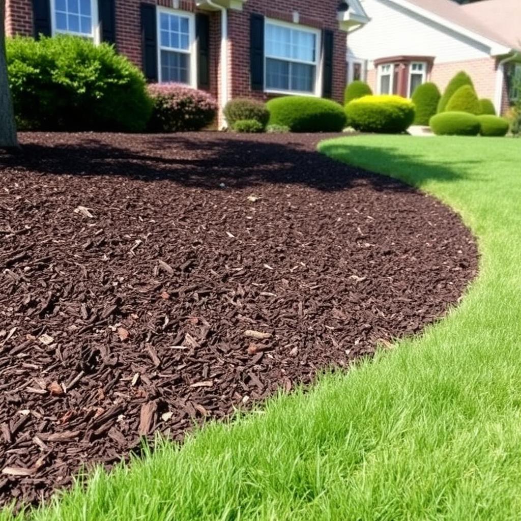 Fresh dark mulch bed with a clean spade-cut edge at a Northeast Ohio residential home, landscaping by Kingdom Tree Company